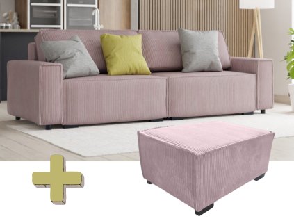 Trojmístná pohovka s taburetem SMART SET světle růžová – moderní design