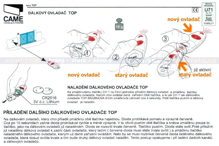 NAladění ovládačů Came TOP 432 NA, TOP 432 EV, TOP434NA, TOP434EV