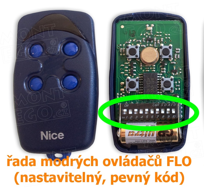 detail ovládače Nice s pevným, nastavitelným kódem pomocí přepínačů, tzv. DIP-SCHWITCHE