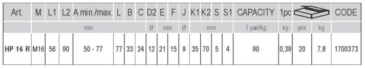 Rozměry seřiditelného pantu Cais HP16R