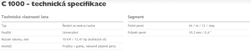 Technická specifikace diamantového lana Husqvarna C1000