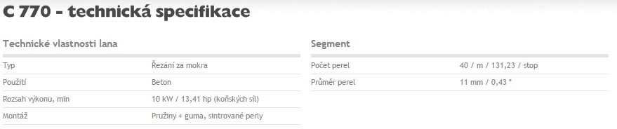 Technická specifikace spékaného diamantového lana C770