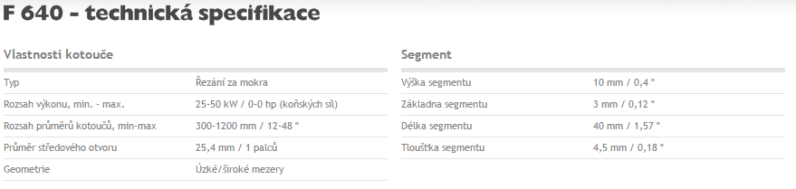 Technická specifikace diamantového kotouče F640