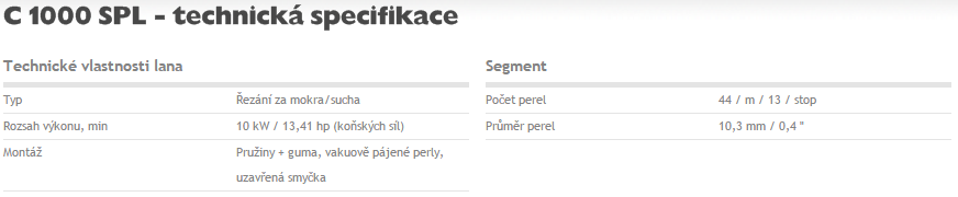 Technická specifikace diamantového lana C 1000 SPL