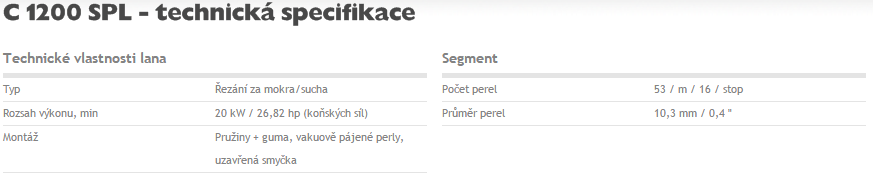 Technická specifikace diamantového lana C 1200 SPL