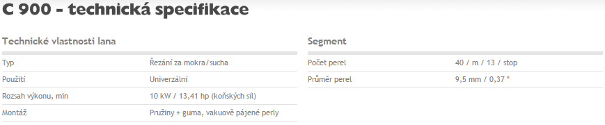 Technická specifikace diamantového lana Husqvarna C900