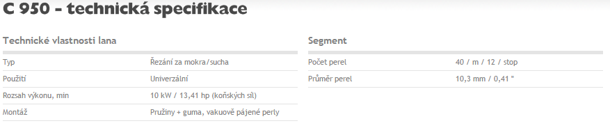 Technická specifikace diamantového lana Husqvarna C950