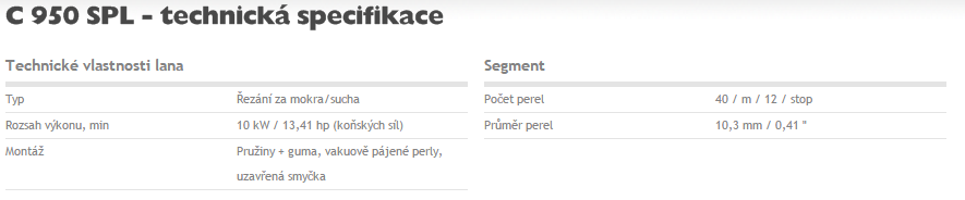 Technická specifikace diamantového lana Husqvarna C950 SPL