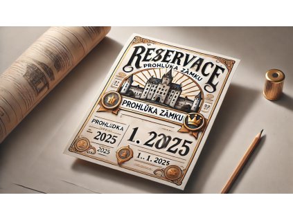 DALL·E 2025 01 12 09.53.33 A digital mockup representing a reservation for a castle tour. The scene features a stylized ticket with the text 'Rezervace' prominently displayed in