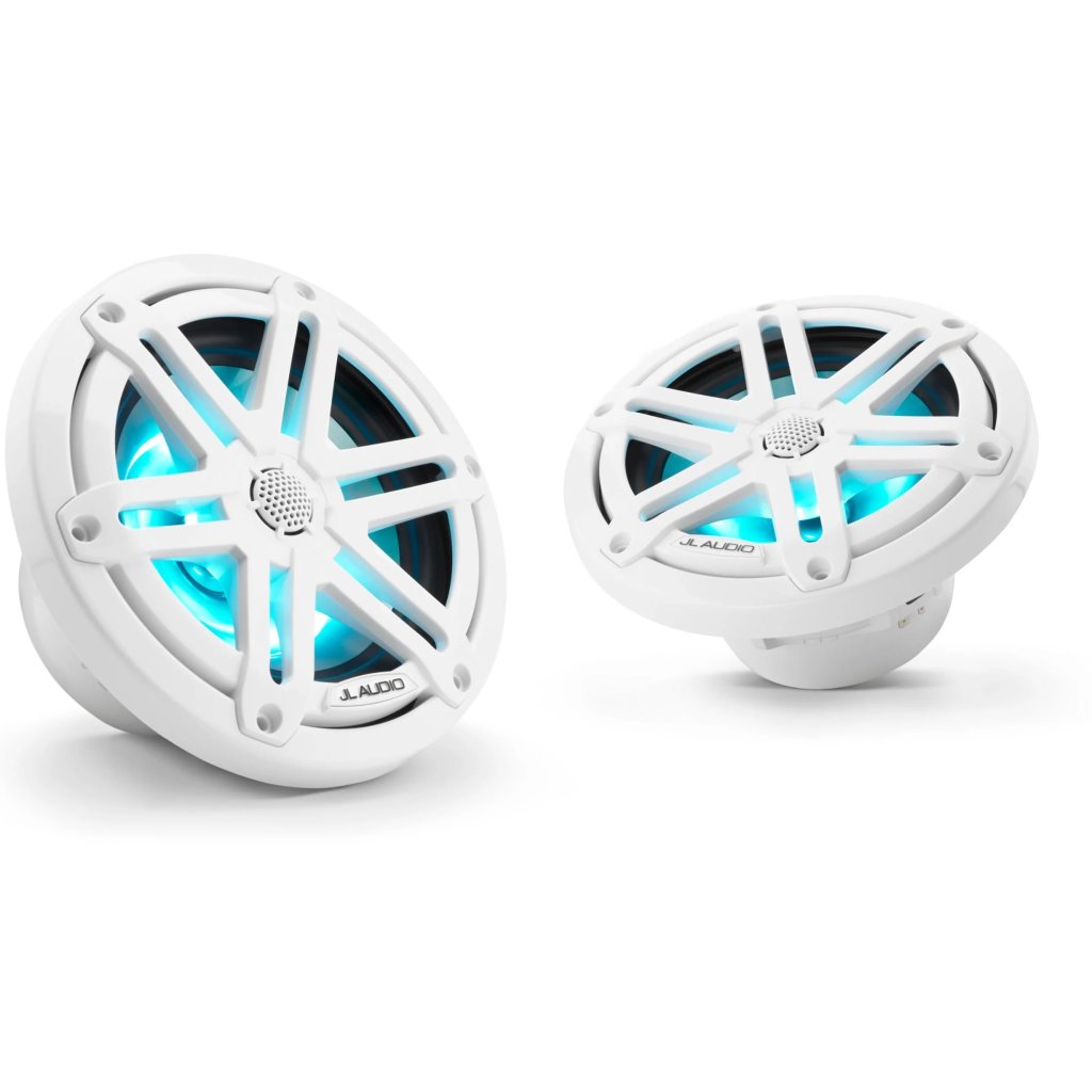 JL AUDIO M3-650X-S-Gw-i 6,5-palcové (165 mm) morské koaxiálne reproduktory, lesklé biele športové mriežky s RGB LED osvetlením