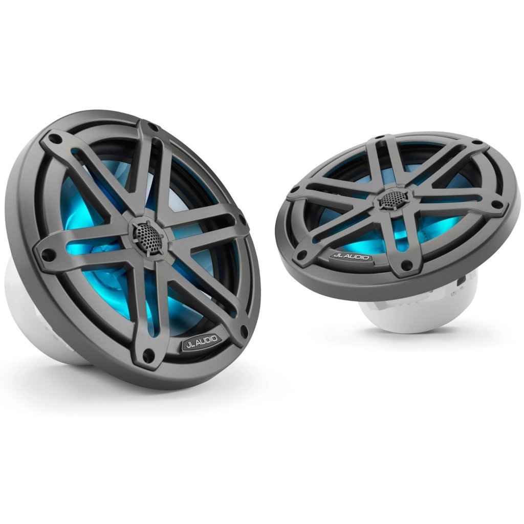 JL AUDIO M3-770X-S-Gm-i 7,7-palcové (196 mm) morské koaxiálne reproduktory, šedé kovové športové mriežky s RGB LED osvetlením