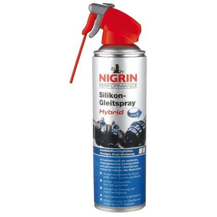 NIGRIN Silikónový olej v spreji HyBrid 500 ml  NIGRIN Silicone Spray Oil Hybrid, 500 ml, is a high performance silicone based lubricant that can be used on metal, rubber, wood and plastics.