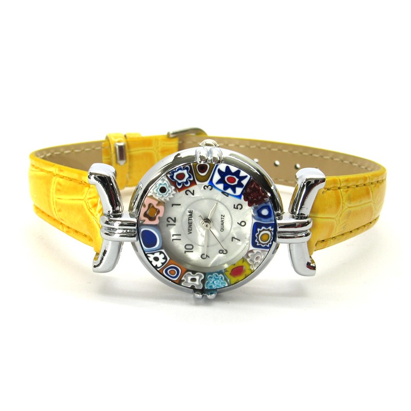 murano-millefiori-watch-chrome-case-mod-lady-yellow-strap-available-in-21-colours