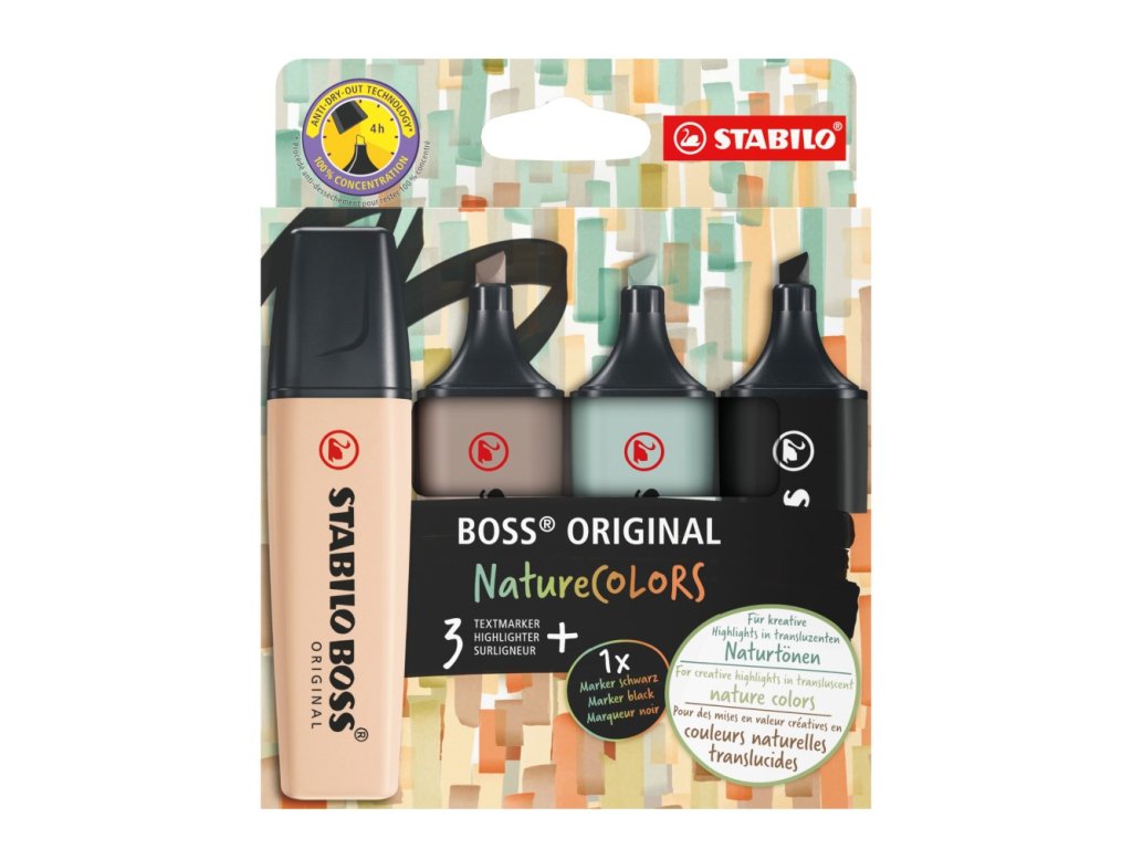 Zvýrazňovač STABILO BOSS ORIGINAL NatureCOLORS (béžová, teplá šedá, zemitá zelená, čierna)