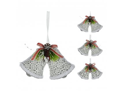Vianočné zvonky 14 cm čipkované so stuhou, strieborné trblietky, mix /1ks
