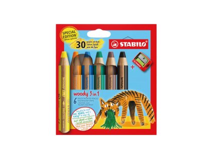 Pastelky STABILO woody 3 v 1 - farbička, vodovka, voskovka (6 ks) Tiger