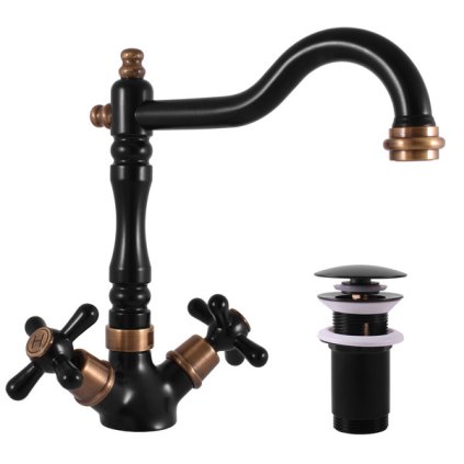 MORAVA RETRO - смеситель для раковины со сливом, черный матовый/старая латунь (бронза) MK121.5/8CMATSM, RAV Slezák (Цвет Матовый черный/Старая латунь (бронза), Размер 1/2")