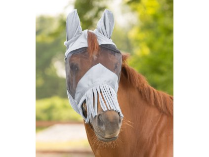 PREMIUM Fly Mask with ear protection and nose fringe - silver grey