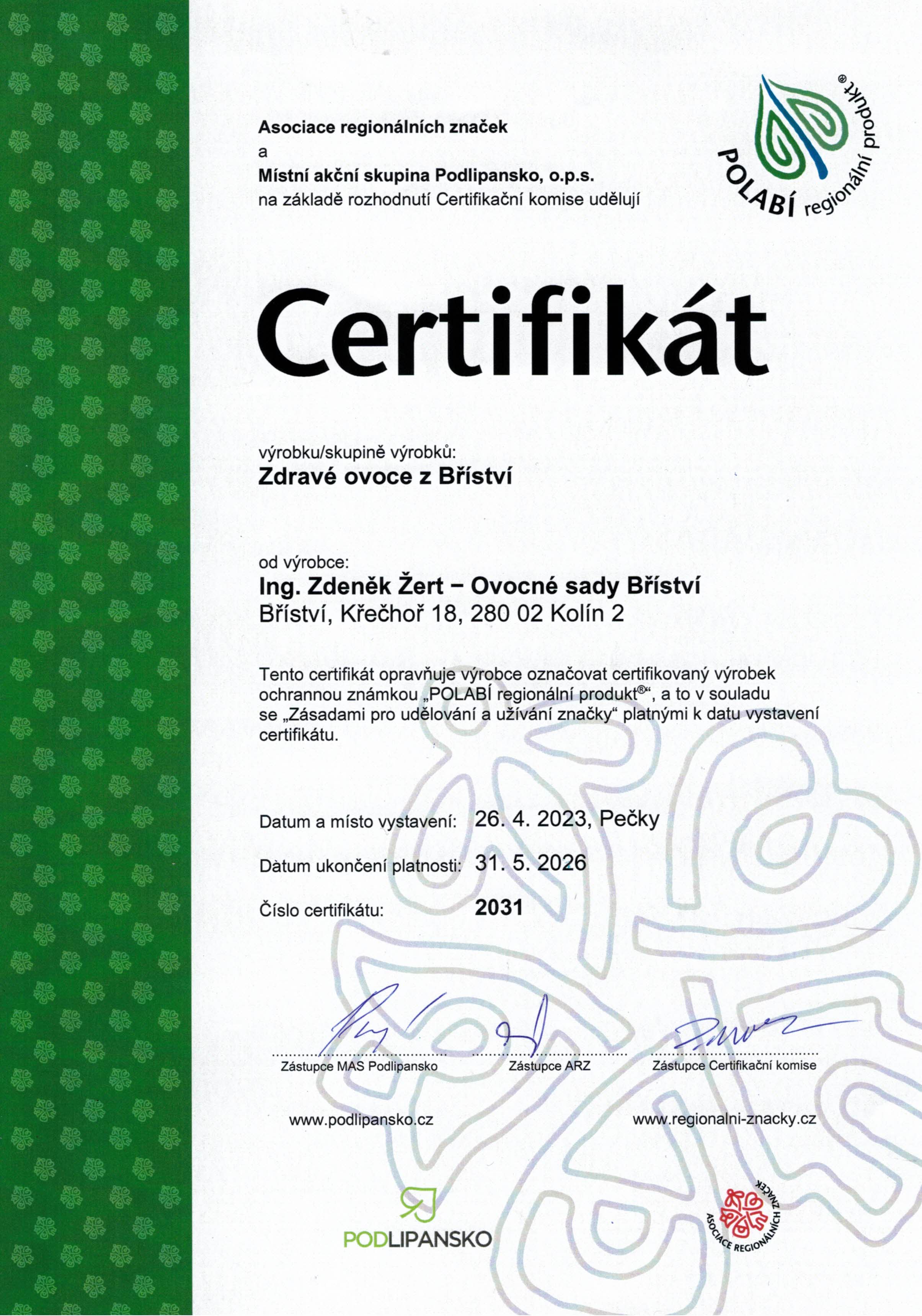 Certifikát platný do 31.5.2026
