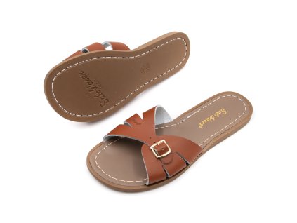 DÁMSKE KOŽENÉ ŠĽAPKY SALT-WATER SANDALS SLIDES - TAN (Veľkosť 36, Vnútorná dĺžka  topánky v cm 23.3, Vnútorná šírka topánky v cm 8.2)