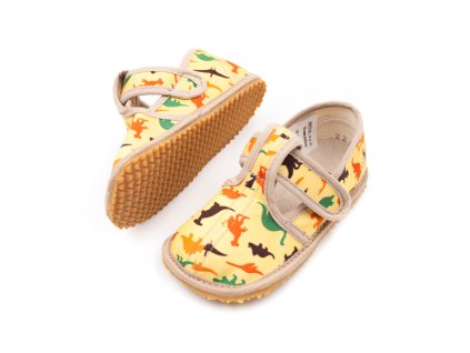 DETSKÉ BAREFOOT PAPUČE BEDA UŽŠIE (SLIM) - DINOSAURUS (Veľkosť 22, Vnútorná dĺžka  topánky v cm 14, Vnútorná šírka topánky v cm 5.8)
