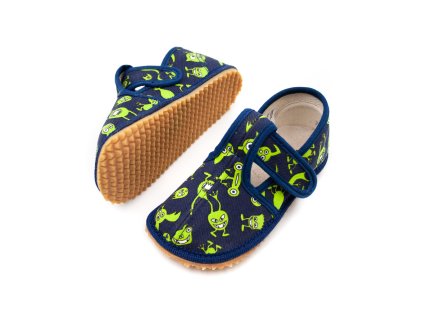 DETSKÉ BAREFOOT PAPUČE BEDA UŽŠIE (SLIM) - MONSTERS (Veľkosť 22, Vnútorná dĺžka  topánky v cm 14, Vnútorná šírka topánky v cm 5.8)