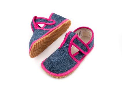 DETSKÉ BAREFOOT PAPUČE BEDA UŽŠIE (SLIM)) - PINK DENIM (Veľkosť 22, Vnútorná dĺžka  topánky v cm 14, Vnútorná šírka topánky v cm 5.8)