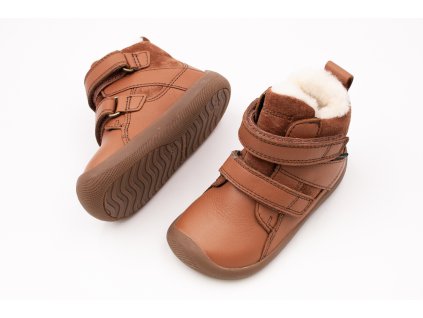 DETSKÉ BAREFOOT ZIMNÉ TOPÁNKY BUNDGAARD WILLIE STRAP TEX - COGNAC (Veľkosť 22, Vnútorná dĺžka  topánky v cm 13.7, Vnútorná šírka topánky v cm 5.9)
