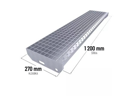 Kovový pozinkovaný protiskluzový schodišťový stupeň (40/3, 34/38) FLOMA SteelStep - 120 x 27 x 4 cm