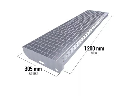 Kovový pozinkovaný protiskluzový schodišťový stupeň (40/3, 34/38) FLOMA SteelStep - 120 x 30,5 x 4 cm