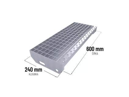 Kovový pozinkovaný protiskluzový schodišťový stupeň (30/2, 34/38) FLOMA SteelStep - 60 x 24 x 3 cm