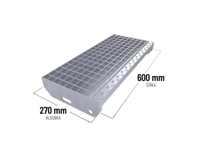 Kovový pozinkovaný protiskluzový schodišťový stupeň (30/2, 34/38) FLOMA SteelStep - 60 x 27 x 3 cm