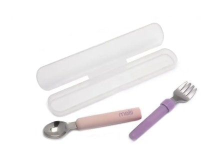 11100 Melii Dětská vidlička a lžička s pouzdrem - růžovofialová