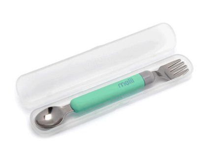 11250 Melii Dětská vidlička a lžička s pouzdrem - zelenošedá