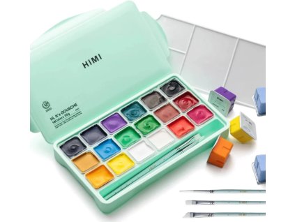 HIMI kvašové barvy - Jelly Cup Gouache Set - 18 Colours + 3 štětce - Green Edition