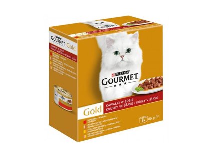 Nestlé GOURMET GOLD Multipack hovädzie, morka s kačicou, losos s kuraťom, kura s pečeňou v šťave  konz.8x85 g