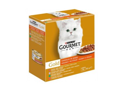 Nestlé GOURMET GOLD Multipack kačica s olivami/teľacim so zeleninou/pstruh so zeleninou/králik s mrkvou v šťave konz.8x85 g