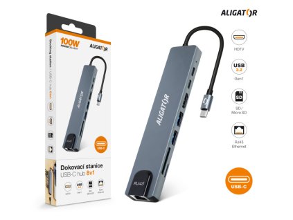 Aligator Dokovacia stanica USB-C/Hub 8v1 (USB-C/2xUSB/SD/MicroSD/HDTV/RJ45)