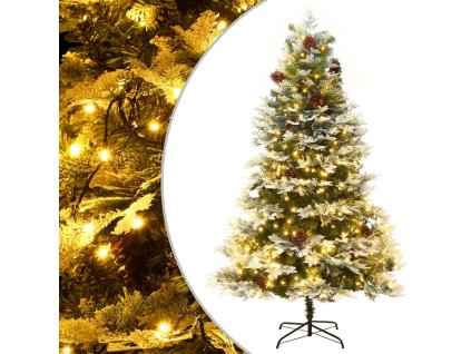 Vánoční stromek s LED a borovými šiškami zelený 225 cm PVC a PE