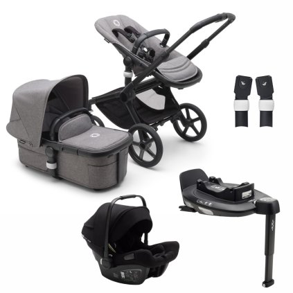 BUGABOO Fox5 Kočárek Black/Grey Melange + Bugaboo Turtle Air by Nuna + 360 base + adaptéry