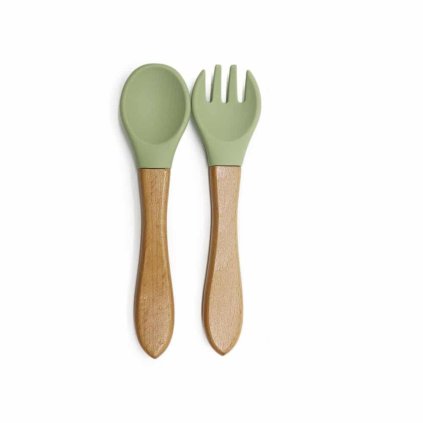MARTONS Dětský příbor vidlička a lžička s dřevěnou rukojetí Olive Green