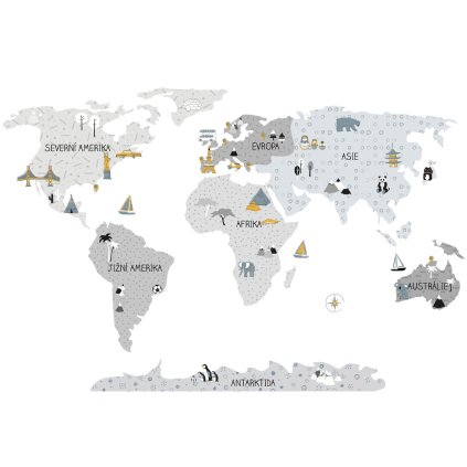 PASTELOWE LOVE Samolepka na zeď Mapa světa Grey S