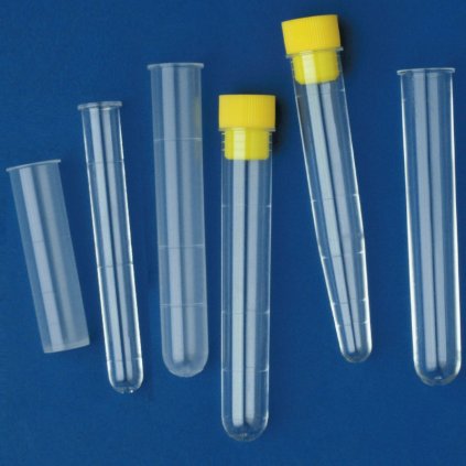Zkumavky s vyhrnutým okrajem (různé ks v balení) (Varianta PS, 13×50, kulaté dno, 500 ks, Objem 4 ml)