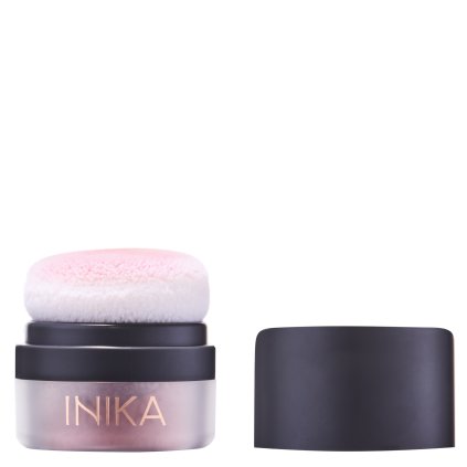 Mineral Blush Puff Pot Rosy front lid off by Inika Organic