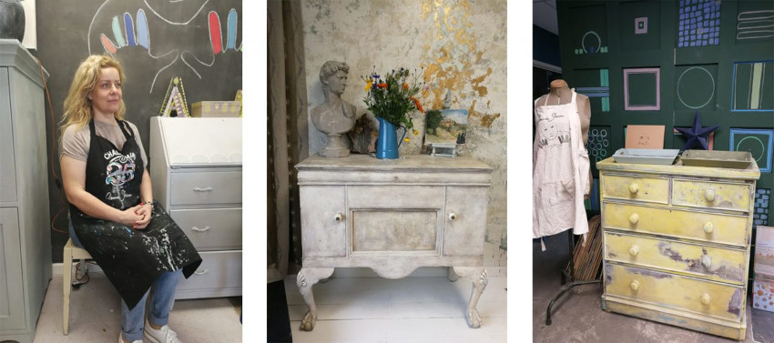 Renovácia starého nábytku: komody a stolíky dostávajú nový vzhľad pomocou kreatívneho natierania a dekorovania.
