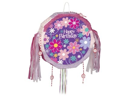 Piňata Happy Birthday - narozeniny - Květiny - 47x47x2,5 cm - tahací