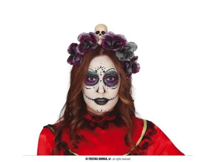 Čelenka s lebkou a šedofialovými květy - Halloween