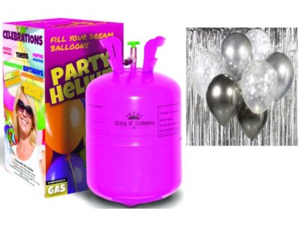 Helium a sada latex. balónků - chrom. stříbrná 7 ks, 30 cm