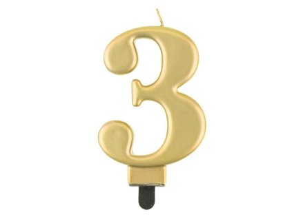 Narozeninová svíčka na dort - 3 - metalická zlatá - 8 cm