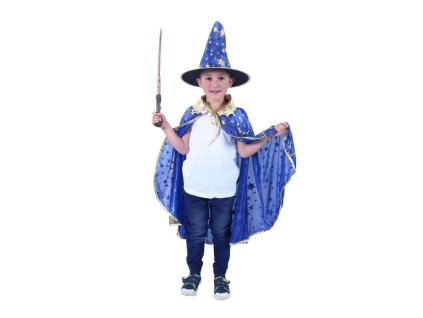 Dětský kouzelnický modrý plášť s hvězdami a klobouk - čarodějnice - Halloween